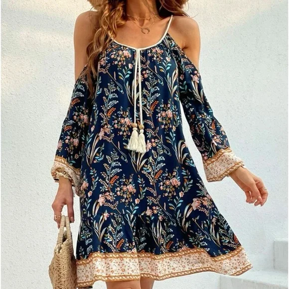 Boho Floral Print Cold Shoulder Flare Sleeve Tassel Tie Dress - Picture 3 of 16